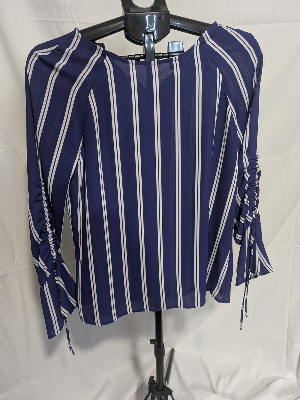 Worthington Navy and White Vertical Stripe Ruched-Sleeve Blouse